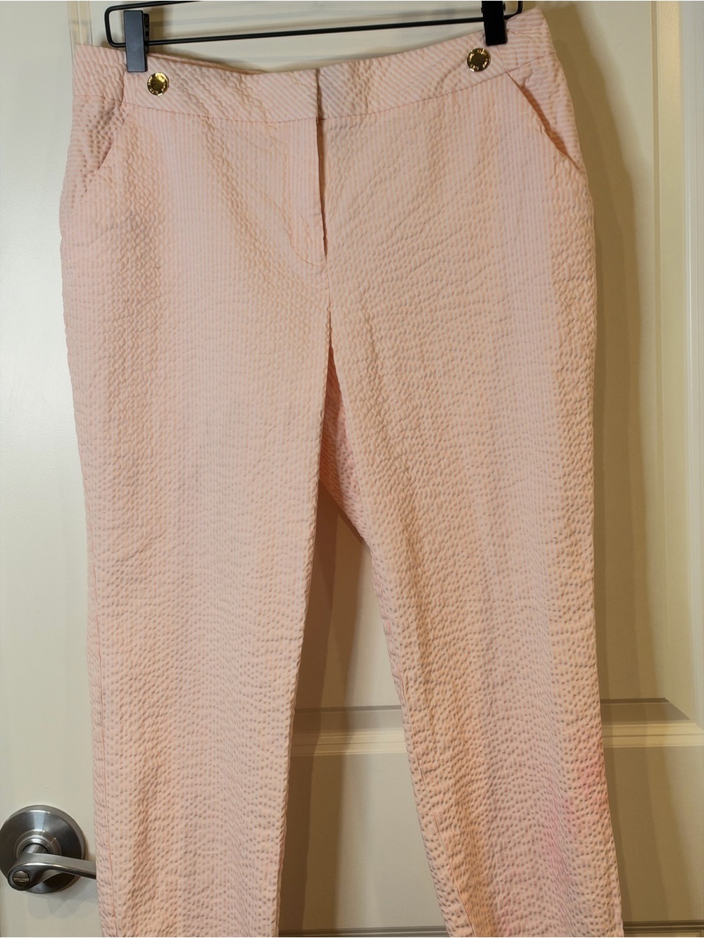 Anne Klein Pink Seersucker Ankle Pants with Gold Hardware & Lace-Up Hem